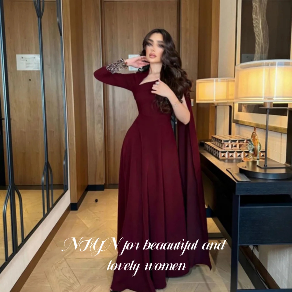 

NFYN Burgundy Elegant Formal Gown One-shoulder Sleeve Prom Dresses Shiny Rhinestones Pleating Evening Dress for Woman Customized