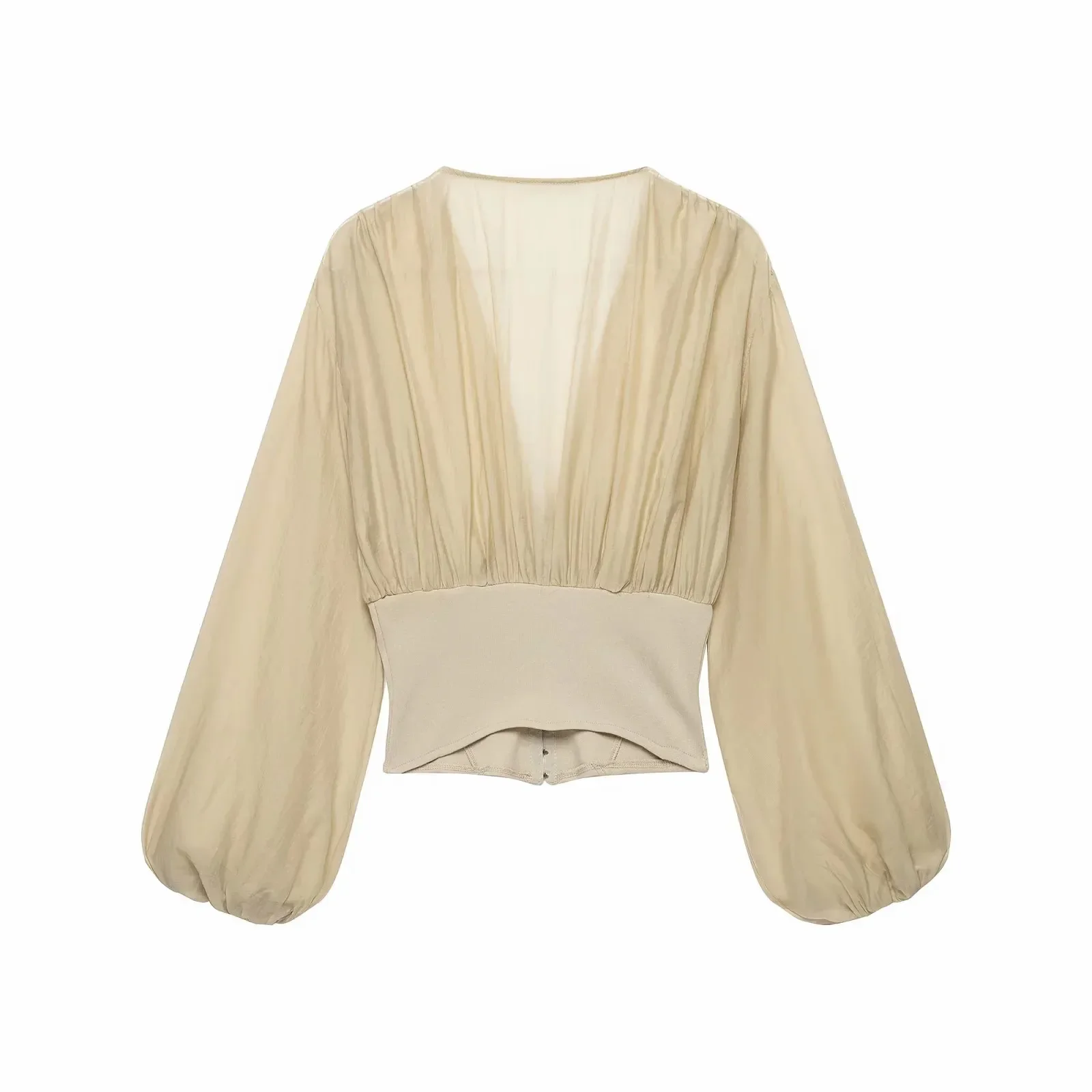 Herbst Damen Beige Korsett Slim Bluse Tiefer V-Ausschnitt Laternenärmel Oberteil Damen Kurzes Korsett-Top Elegantes Sexy Langarm-Damenhemd – Detail 2