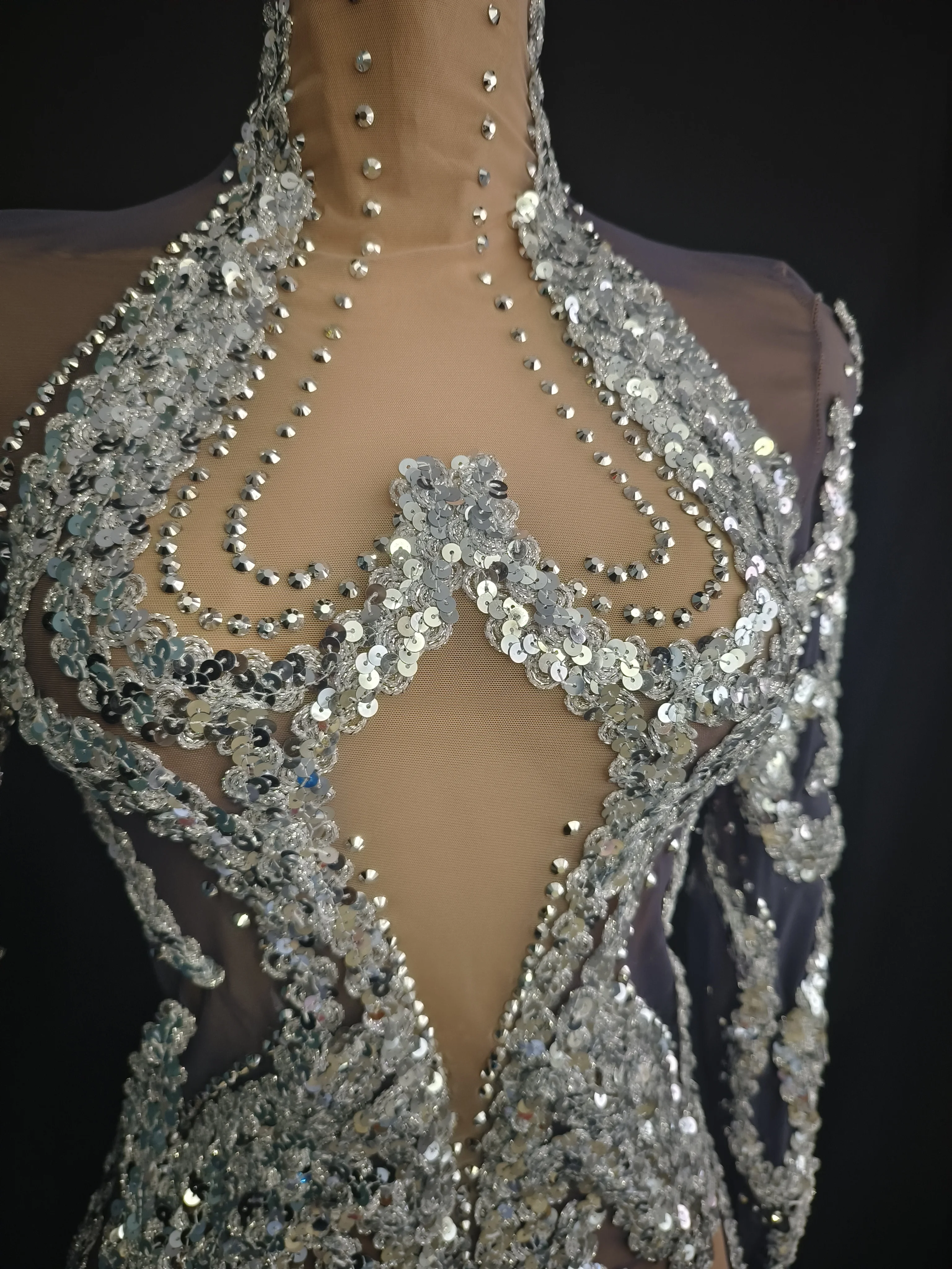 Vrouwen Print Strass Mesh Bodycon Mini-jurk Lange mouw Coltrui Avondfeest Verjaardag Fotoshoot Jurk Toneelkostuums