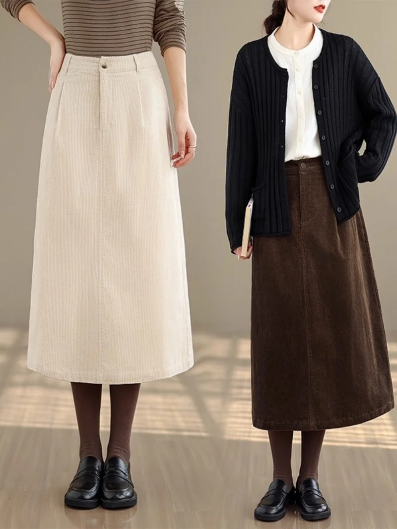 Retro Koffie Gekleurde Corduroy Midi Rok Voor Vrouwen Herfst Winter Hoge Taille Slanke Losse Temperament Veelzijdige A-lijn Rok W1209