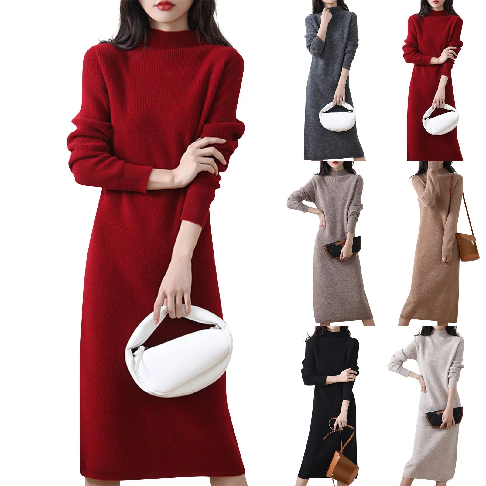 Women\'s Sweater Dress Half High Collar Wool Knitted Dress Solid Color Long Sleeve Sweater Long Dress