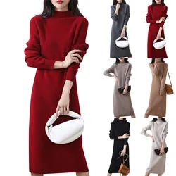 Women's Sweater Dress Half High Collar Wool Knitted Dress Solid Color Long Sleeve Sweater Long Dress