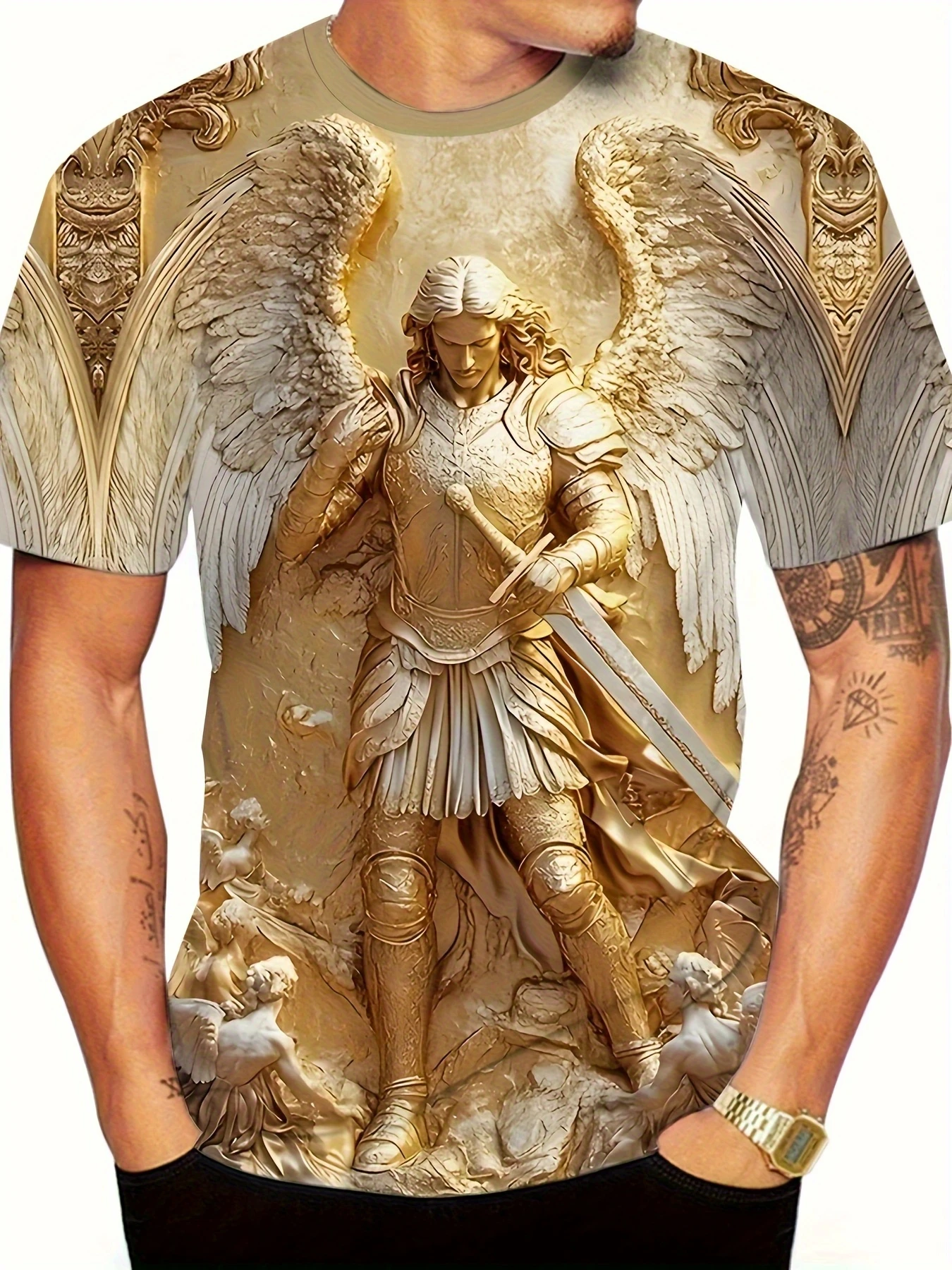 Herren 3D Angel Warrior Grafik T-Shirt Goldenes Schwert Design 3D-gedrucktes T-Shirt für Männer Kleidung Flügel verzierte Grenze Unisex T-Shirts