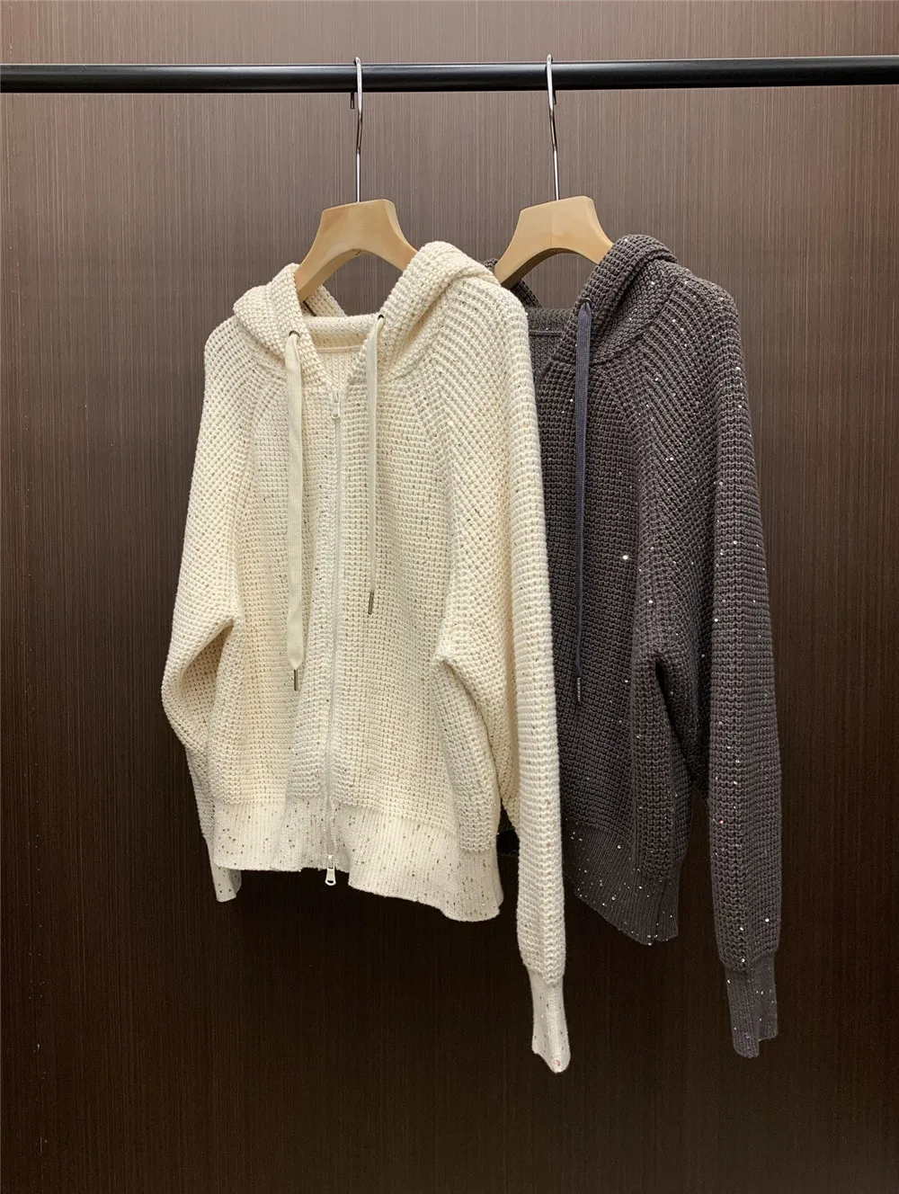 High Quality B*C Women Sequin Hooded Sweater Zipper Long Sleeve Knitted Cardigan Coat Woman\'s Clothing