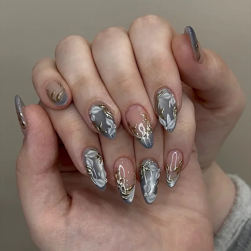24Pcs Green Cat's Eye Almond False Nails Press on 3D Irregular Gilded Butterfly Manicure Tips Reusable Artificial Stick on Nail