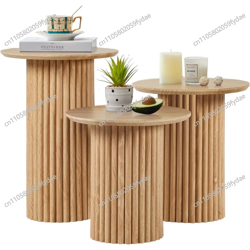 Nesting Coffee Table Set of 3, Mid Century Modern Fluted Coffee and End Table Set, Small Circle Wooden Side Table Drink Table.