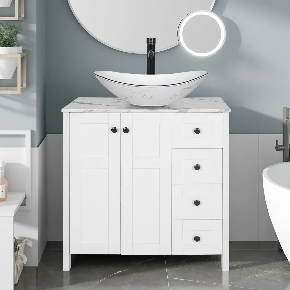 

32 Inches White Bathroom Vanity with Marble Texture Top and 4 Drawers, Modern Standing Pedestal Cabinet with Marble Boat Ceramic