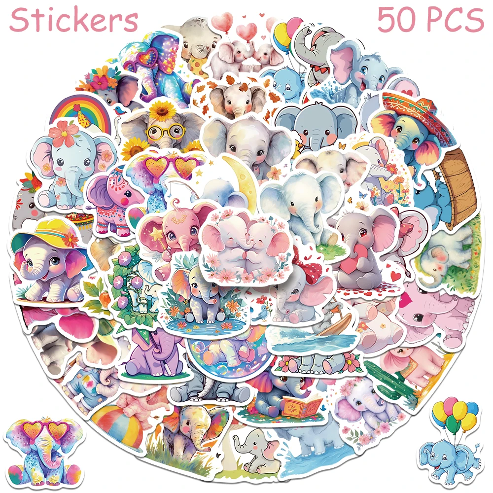 

50pcs Cartoon Cute Elephants Stickers Decals For Phone Laptop Luggage Skateboard Guitar Aesthetic Waterproof Stickers Kids Gifts