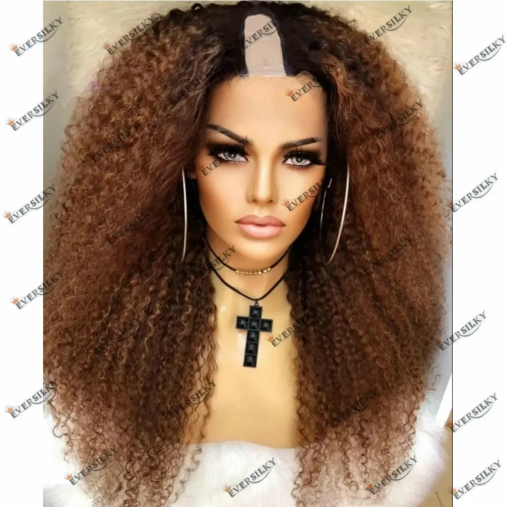 

Ombre Brown Kinky Curly Glueless U Part Wig Human Hair Black Roots 1x4 Size V Part Wigs Human Hair for Black Women Easy Wear