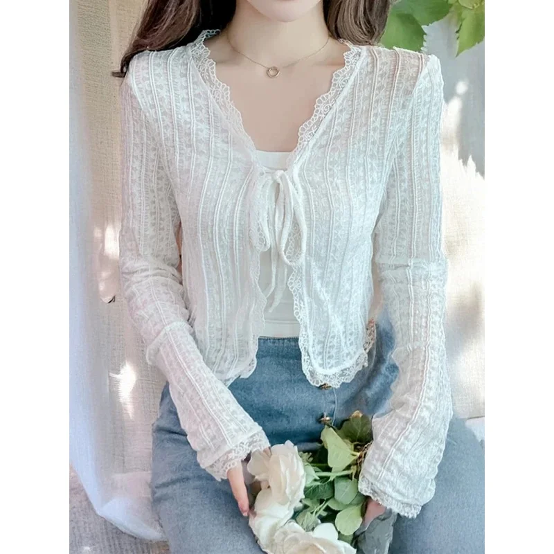 Sheer Lace Cardigan with Lace Trim Tie Front Long Sleeve Crop Top Women Textured Shrug Spring Summer 2026 Shrunken Cardigan
