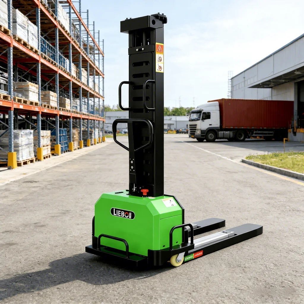 

Hot-selling 500kg Semi-electric Self Loading Stacker Forklift With 1.3m Lifting Height Optional