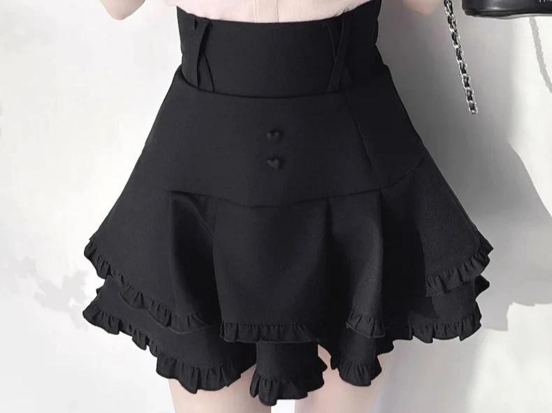 

Black High-Waisted Belt Layered Ruffle Cake Short Skirt Summer New Sweet Cute Versatile Slim A-Line Mini Skirts for Girls