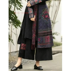 2024 national flower embroidery ethnic pants skirts chinese vintage wide leg pants traditional elastic waist tassels folk pants