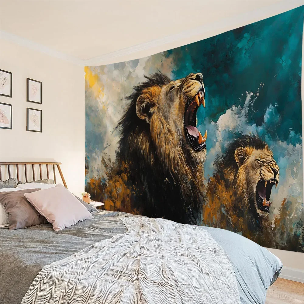 Nordic Style Lion Roar Starry Sky Tapestry Dreamy Animals Wall Hanging for Living Room Esports Anchor Room Men's Bedroom Decor