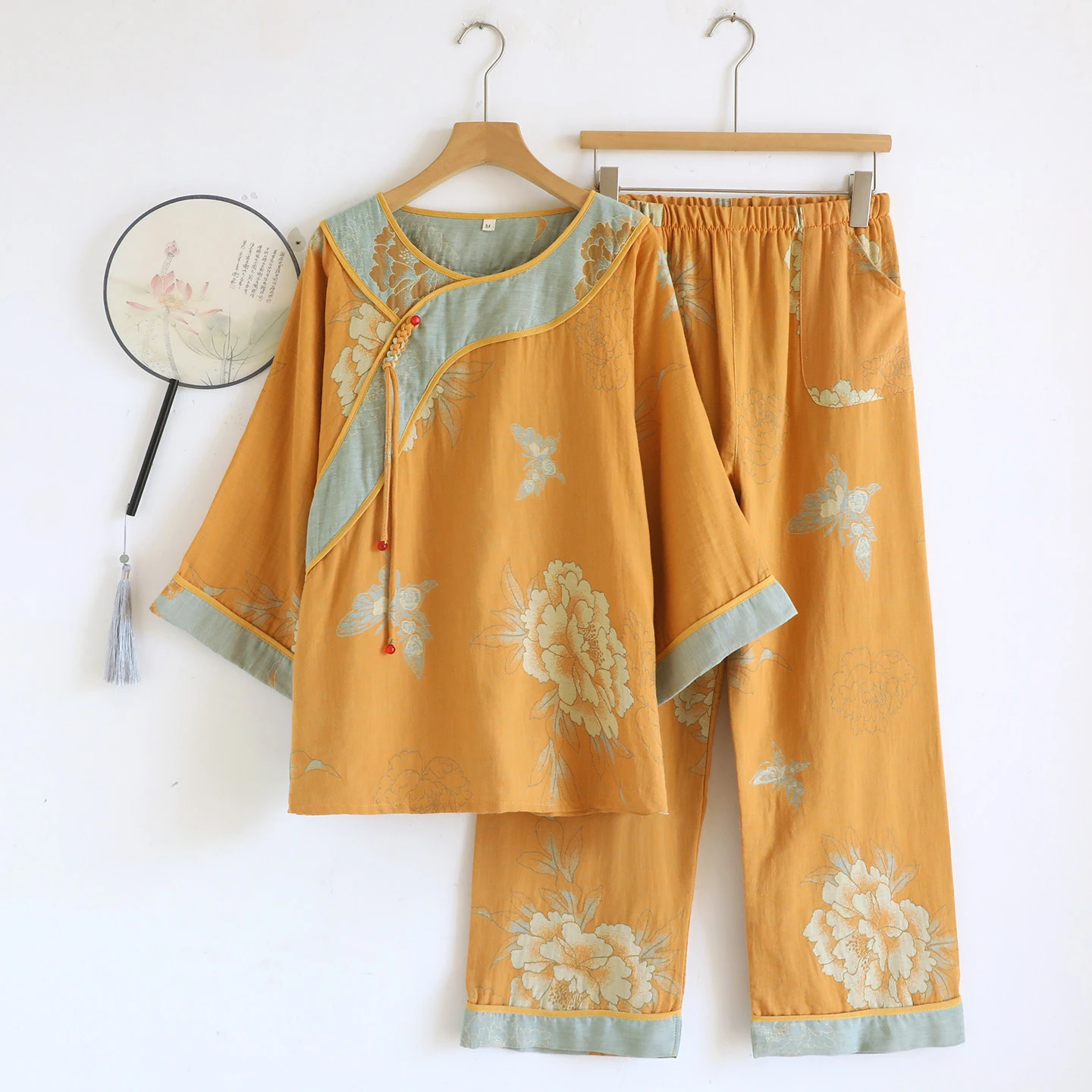 Zen Style Pure Cotton Gauze Pajamas Chinese Style Women Loose Fit Top Peony Jacquard Soft Skin Friendly Loungewear Set