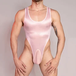 Men's Stretch Thong Leotard Sleeveless Sheer Elastic Bodysuit Thin See Through Jumpsuit Gay Sissy Pouch Underwear Erotic Lingeri