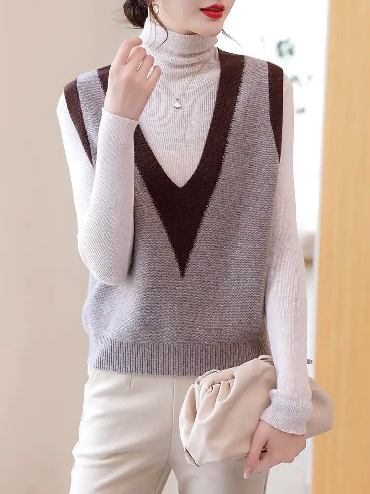 

High End Imitation Wool Knitted Sweater For Spring And Autumn Season, Fashionable Color Matching V-neck Vest For Women's Top