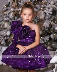 Purple Glitter Illusion Lush Girl Party Dresses Elegant Fluffy Girl Princess Dress Shiny luxurious Birthday Wedding Dress Girl