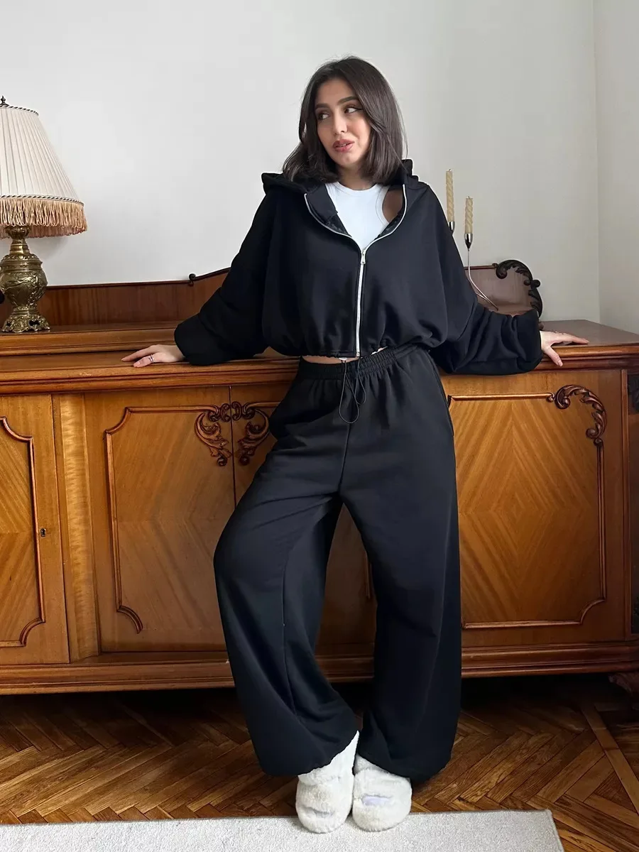 European American Women's Casual Suit Solid Color Long-sleeved Zipper Cardigan Drawstring Hooded Sweater Sports Elastic Pants