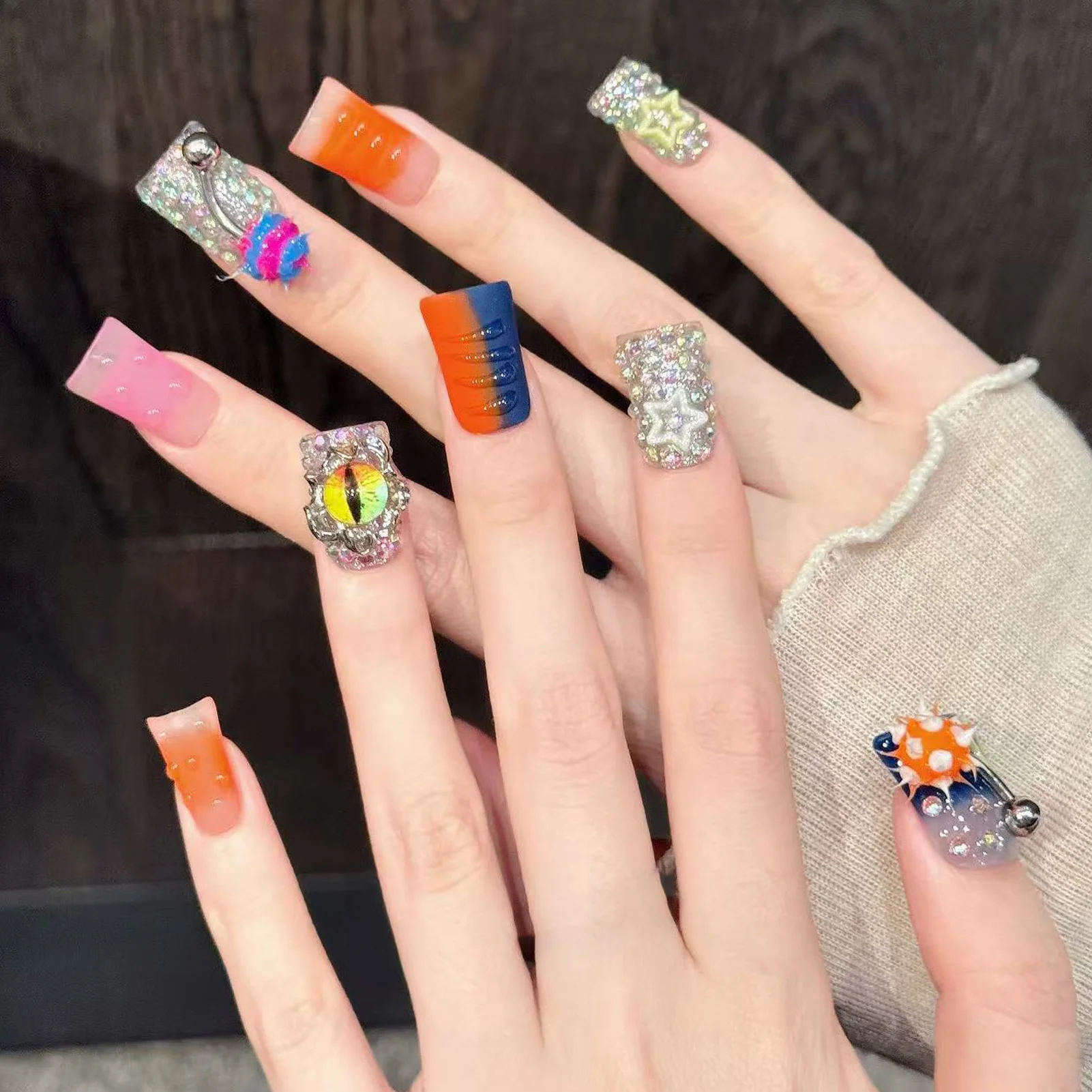 10pcs Handmade Press On Nails Halloween Party Gothic Style Devil Eye Star Design False Nails Dark Aesthetic Wearable Fake Nails