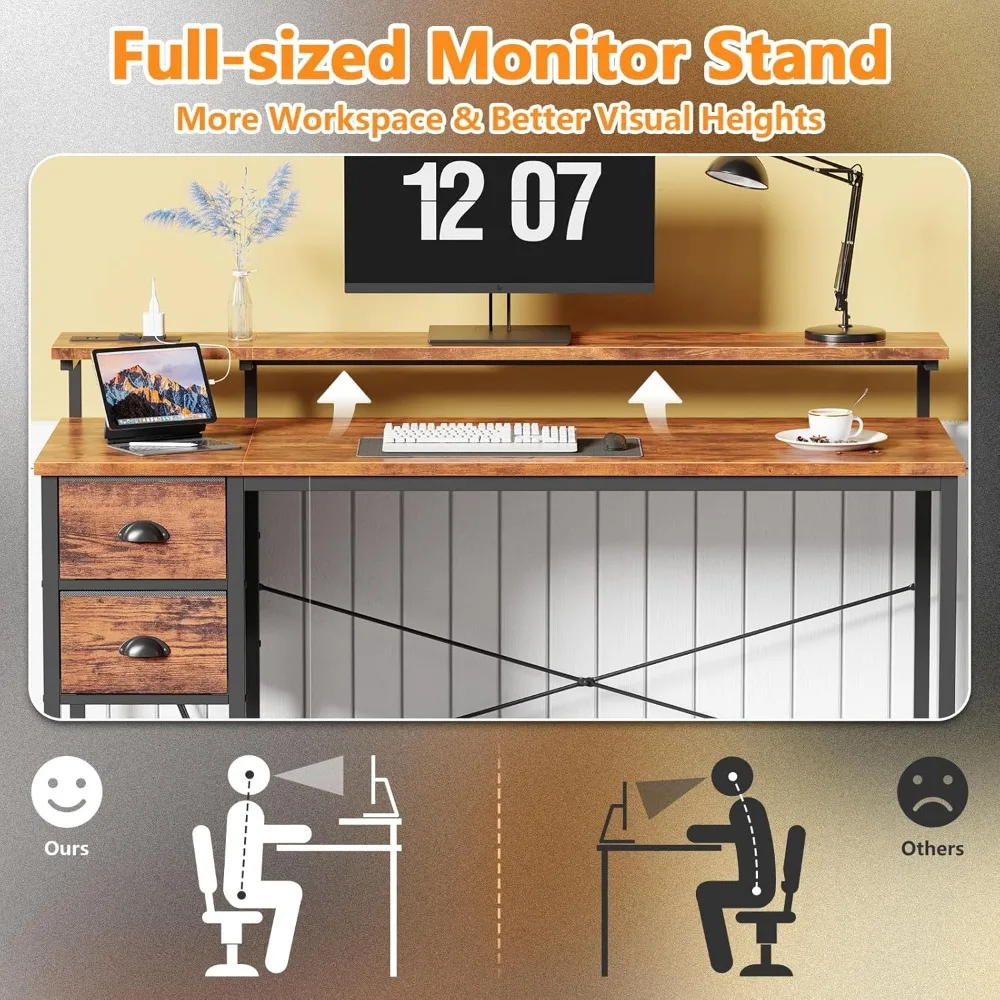 مكتب كمبيوتر بإضاءة LED مقاس 55 بوصة مع منافذ طاقة وأدراج تخزين وحامل شاشة لأعمال الكتابة في المكاتب المنزلية #6