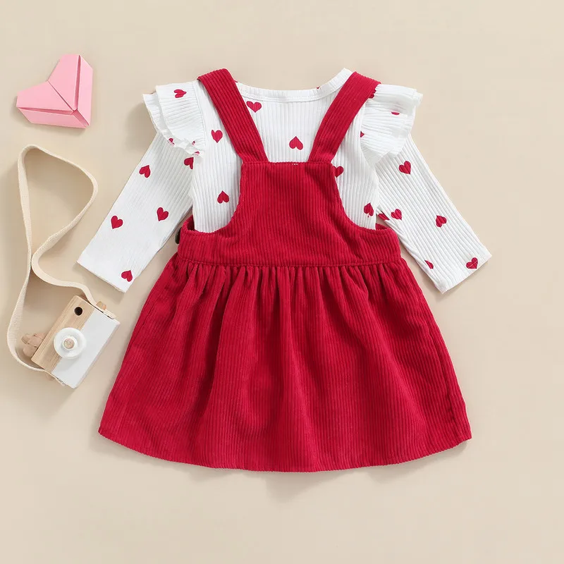 0 to 18 Months Baby Girl Skirt Sets Spring Autumn Clothes Heart Pattern Ruffle Long Sleeve Bodysuit + Suspender Skirt