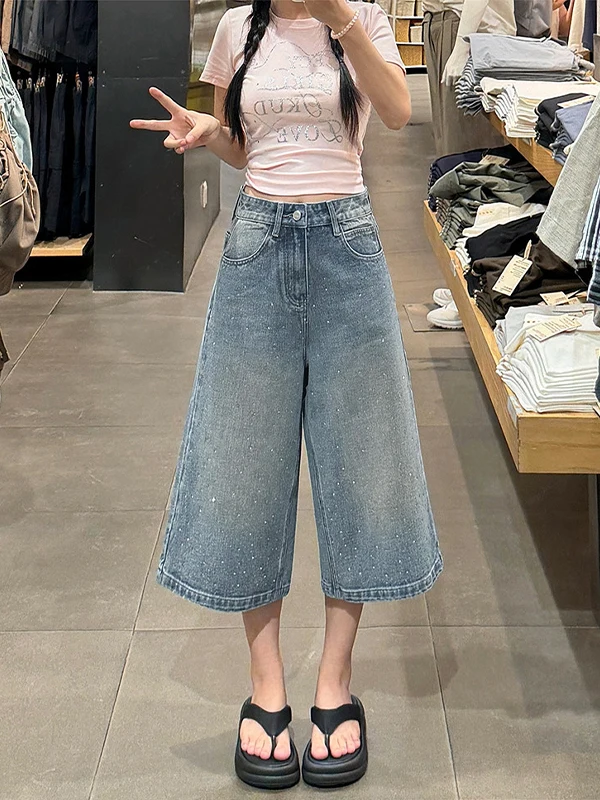 Light Wash Rhinestone Denim Jeans Women's Summer New plus Size Loose Slimming Wide Leg Seven-Five Pants Pear Body Shape