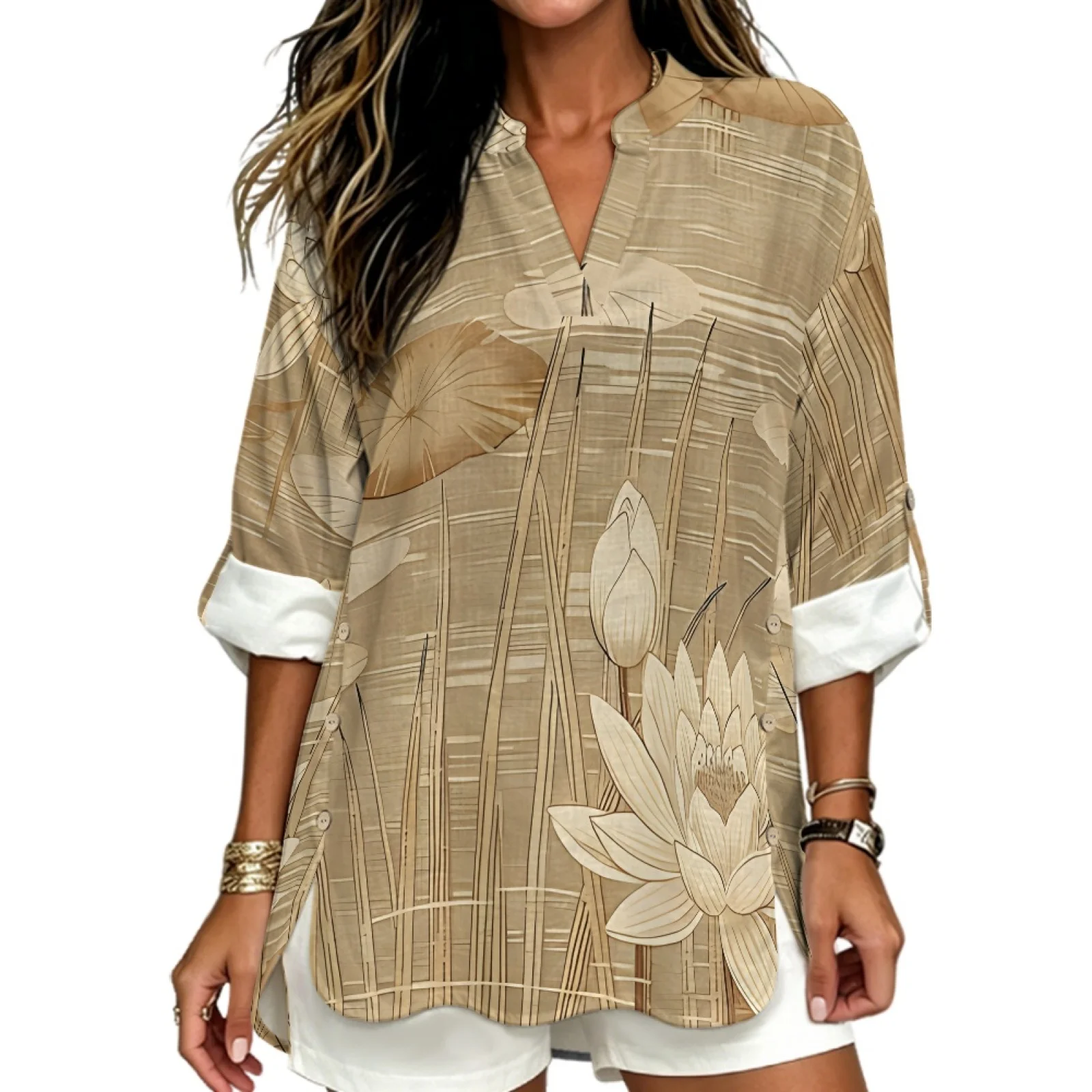 PENSTROLL Beige Lotus Print Roll-Up Casual Long Sleeve Shirts for Workout Linen Style V Neck Tunic Tops Sizes S-5XL
