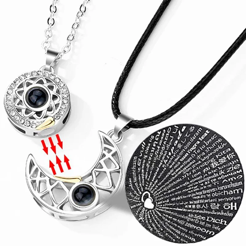 Magnetic Couple Necklaces 100 Languages I Love You Projection Sun Moon Pendant Necklace Women Men Lovers Magnet Jewerly Gifts