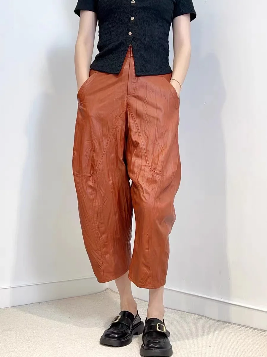 HOT Wrinkled Leather Harem Pants For Women Army Green Loose Cropped Pants Feminino Casual Wide Leg Trousers spodnie damskie