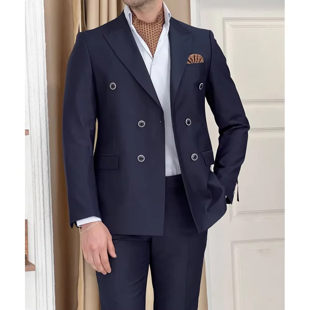 

Fashion Navy Blue Men's Suits Outerwear Business Double Breasted Peak Lapel 2 Piece Jacket Pants Customzied Male Clothing 2025