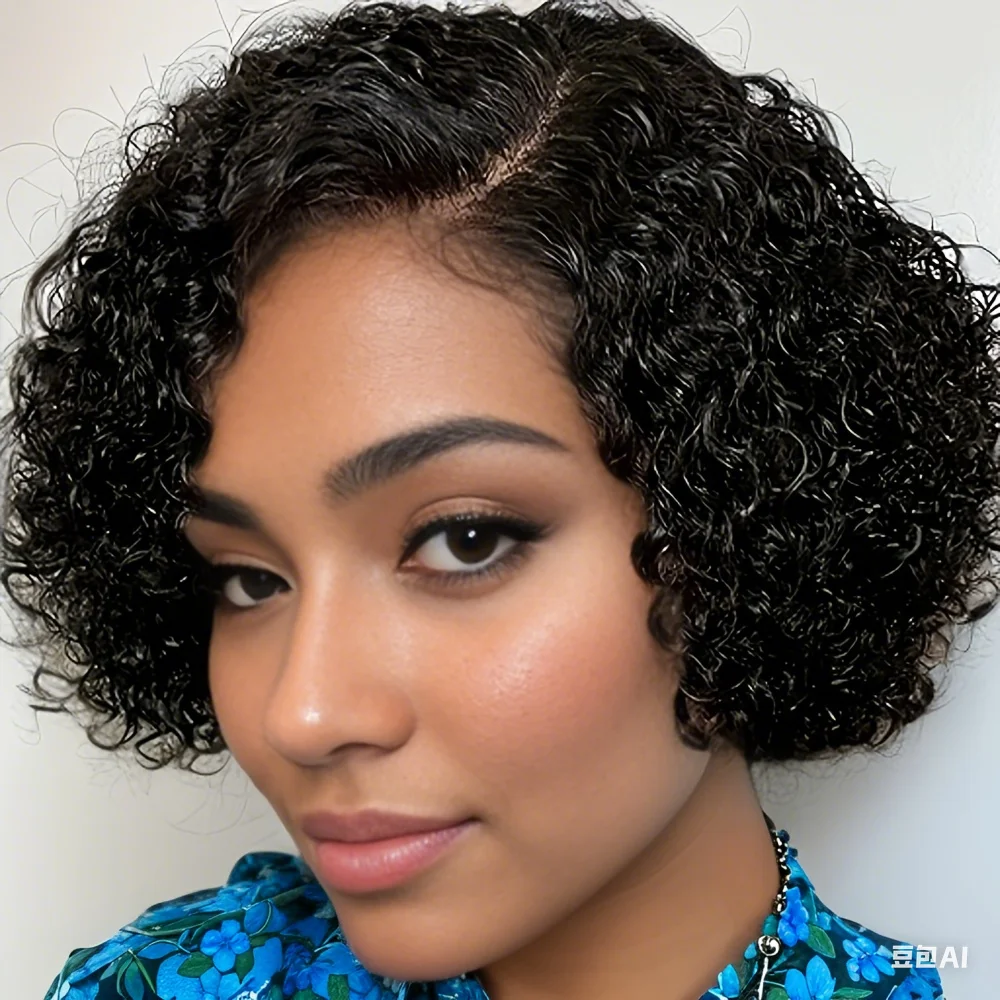 

Short Curly Pixie Cut Human Hair Wig 13x4x1 Transparent Lace Frontal Pre-Plucked 180% Density Black Color for Women