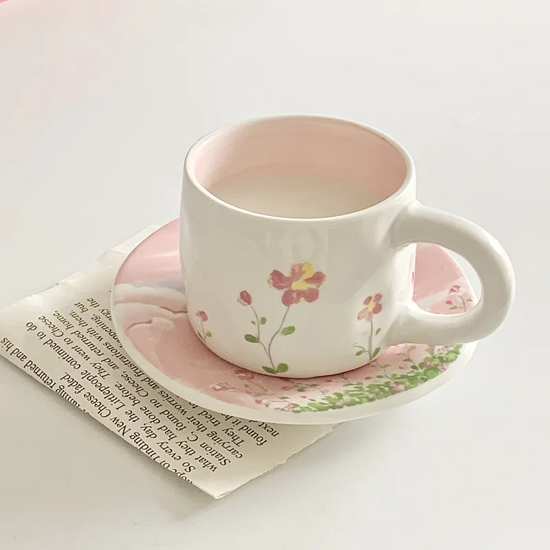 Korean-style Pink Coffee Cup Ins Style Ceramic Cup and Saucer Set Mug Hand-painted Lovely Girl Heart Afternoon Tea Heart Plate