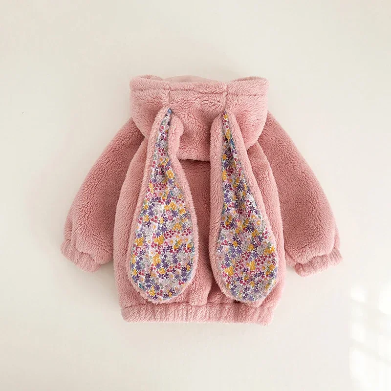 Autumn Winter Fleece Baby Girls Long Outwear Coat Baby Girl Jackets for 1-7Y Toddler Baby Warm Rabbit Hooded Baby Clothes