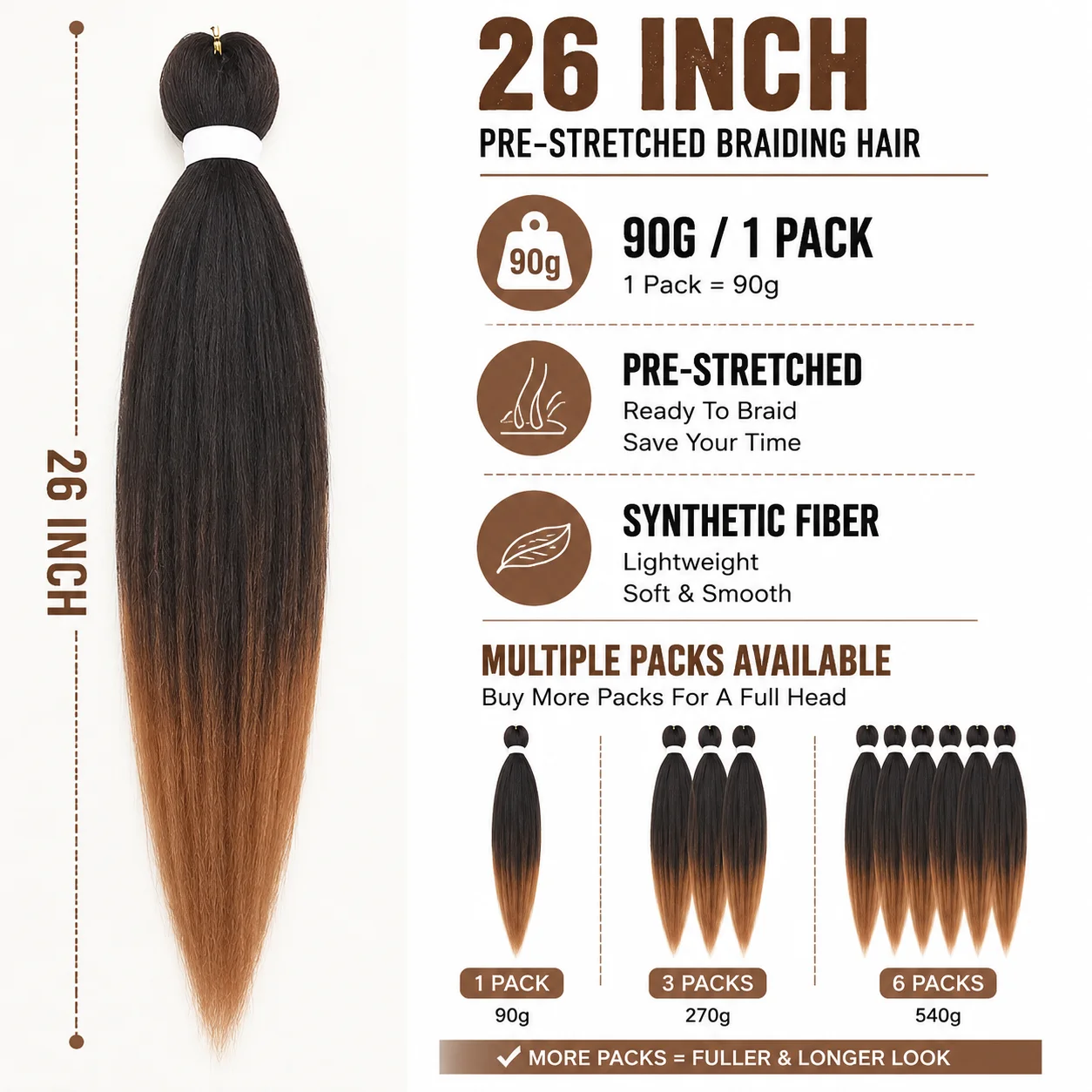 26 Zoll Vorgedehntes Flechthaar aus Synthetikfasern, Lange Box Braids, Knotless Braids, für Schwarze Frauen, DIY-Schutzfrisur – Detail 2