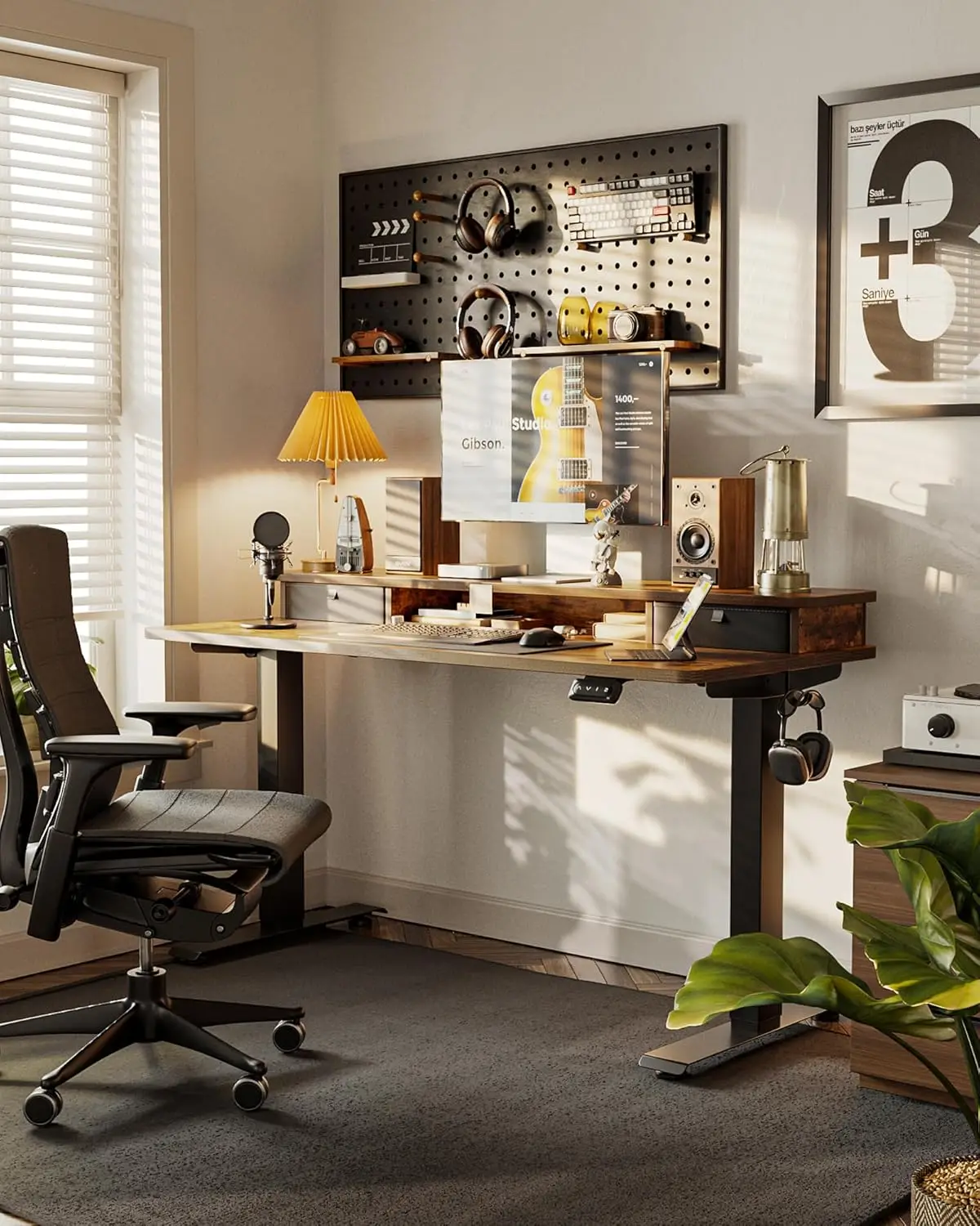 48 x 24 Inch Electric Standing Desk with Double Drawers, Height-Adjustable, Rustic Brown