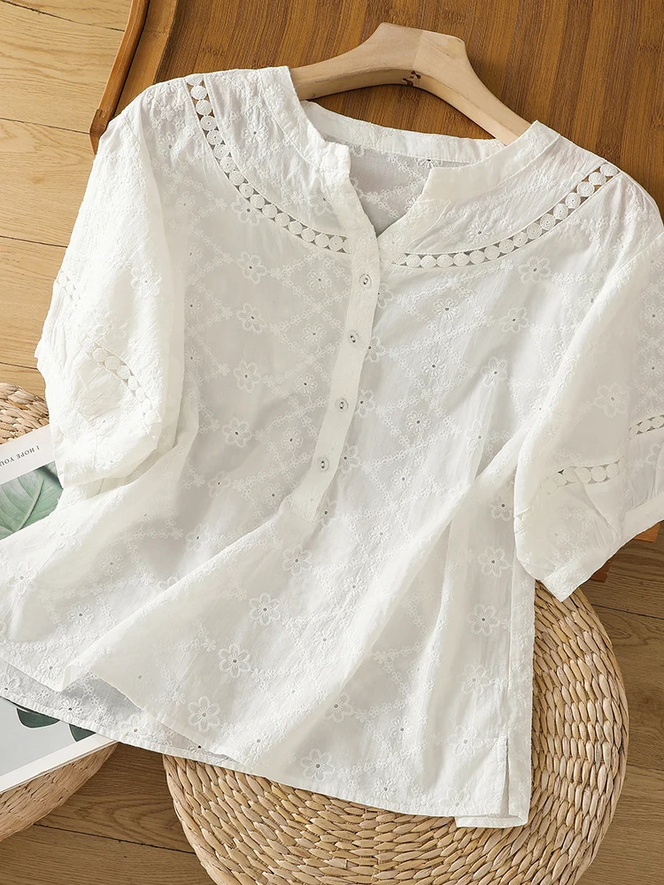 レトロ刺繍入り中空オルトスヴェイルト女性用夏用軽量ルーズスリムVネック小さめトップ通勤用スレピュアカラー