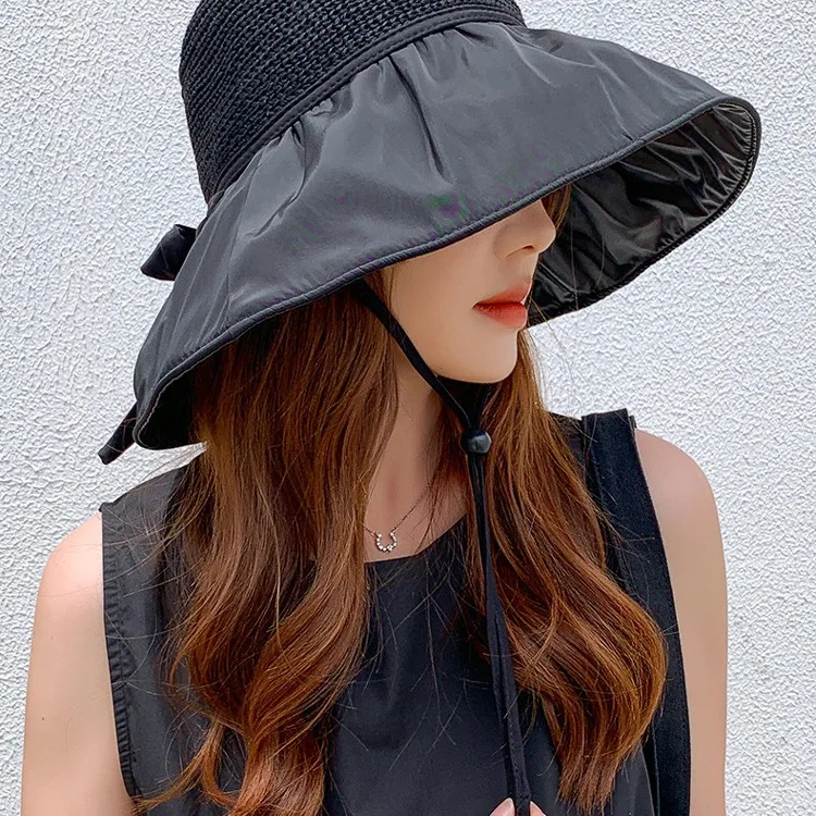 Summer fashionable anti-UV vinyl beach hat with large brim bow fisherman hat commuter sun protection hat wholesale