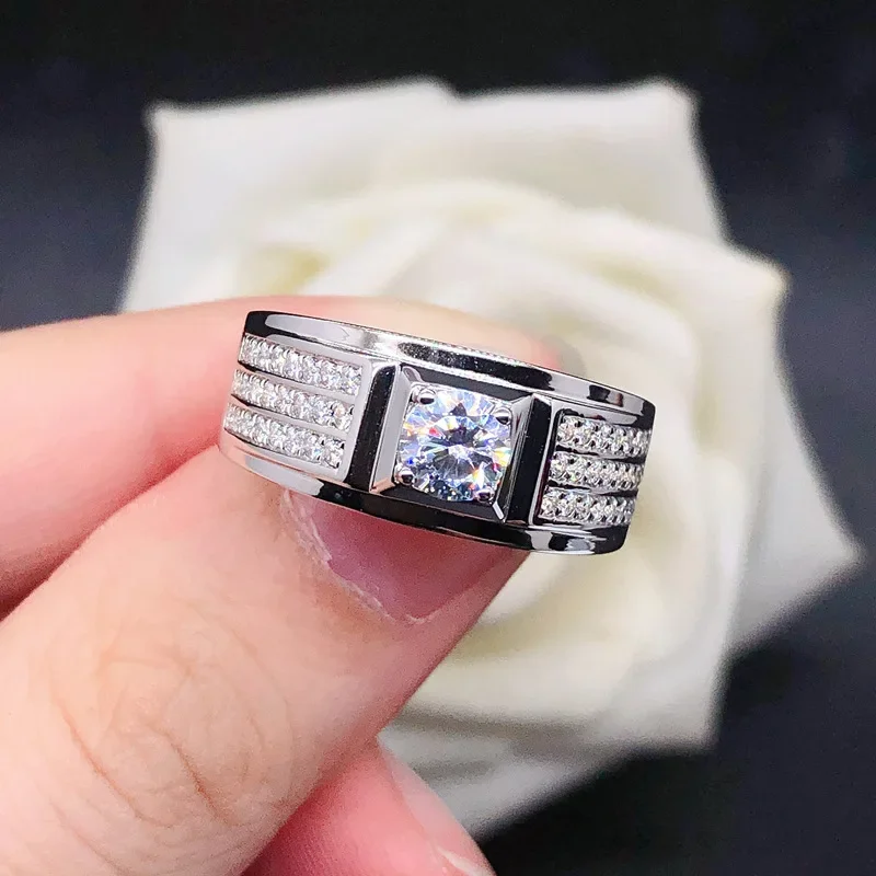 Solid 14K White Gold PT950 Men's Ring 50 Cent Men's Diamond Ring White Gold Moissanite Diamond Ring Gift for Boyfriend