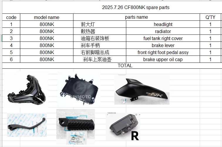 

Headlight/Radiator/fuel tank right cover/brake lever/front right foot pedal assy/brake upper oil cap suit CF800NK