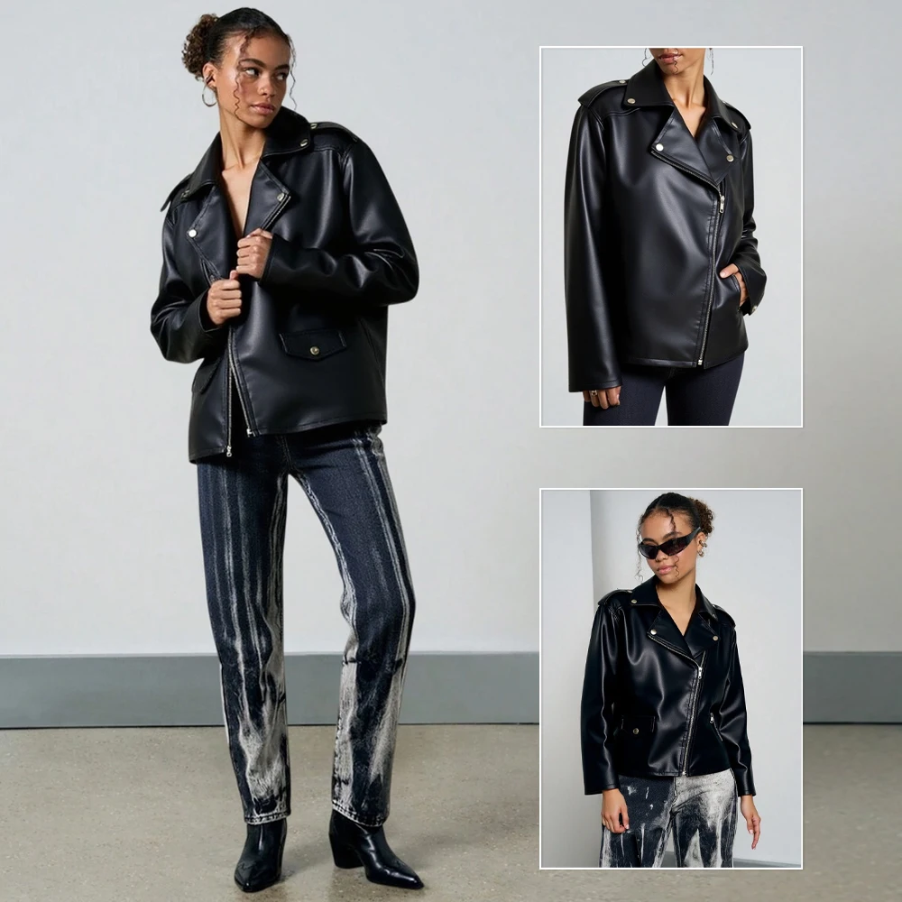 

Women's Classic Solid Color Moto Jacket featuring a Sharp Lapel & Zipper Details Your Go-To Edgy Layer