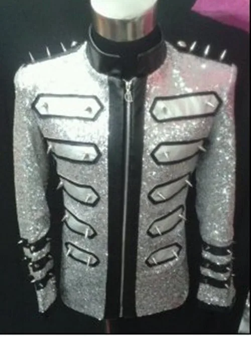 

Male singer dj stage performance jacket fashion quality men's silver sequin rivet slim fit suit