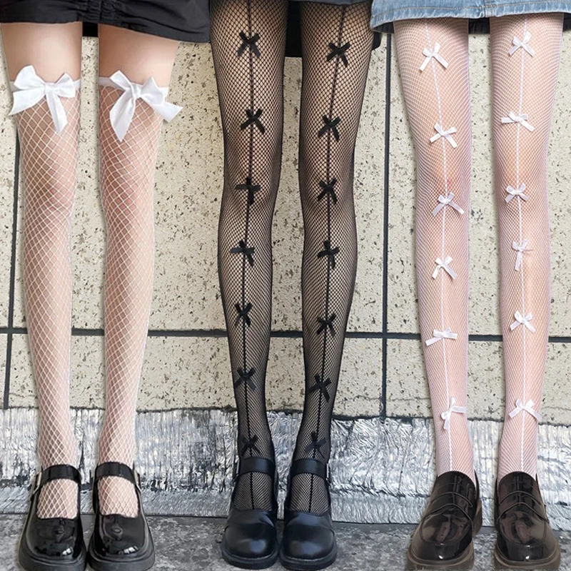 

Черные сексуальные носки с бантом для рыболовной сети, длинные чулки для девочек, женские брюки в стиле Лолиты, колготки для ночного клуба, очаровательные носки до колена