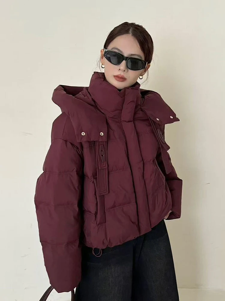 

Fashion Hooded Down Jacket Women's Red Zipper Short White Duck Down Coat Winter Thick Thermal Lightweight Cotton Clothing