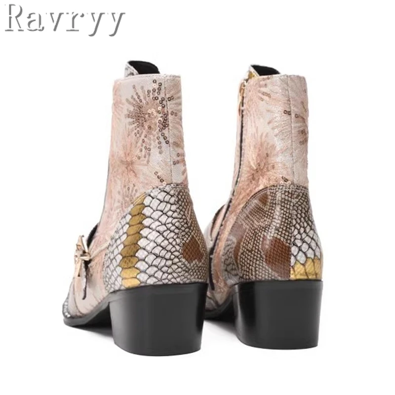 Men Chelsea Boots Metal Square Toe Belt High-Heeled Short Western Cowboy Boots Genuine Leather Printing Stage Show Party Boots