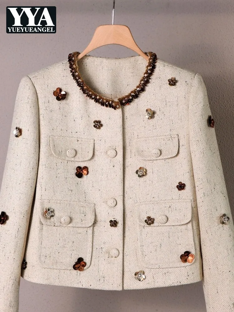 Elegant Female Solid Color Single Breasted Jacket Versatile Ladies Round Neck Coat Fashion Long Sleeves Straight Outwear