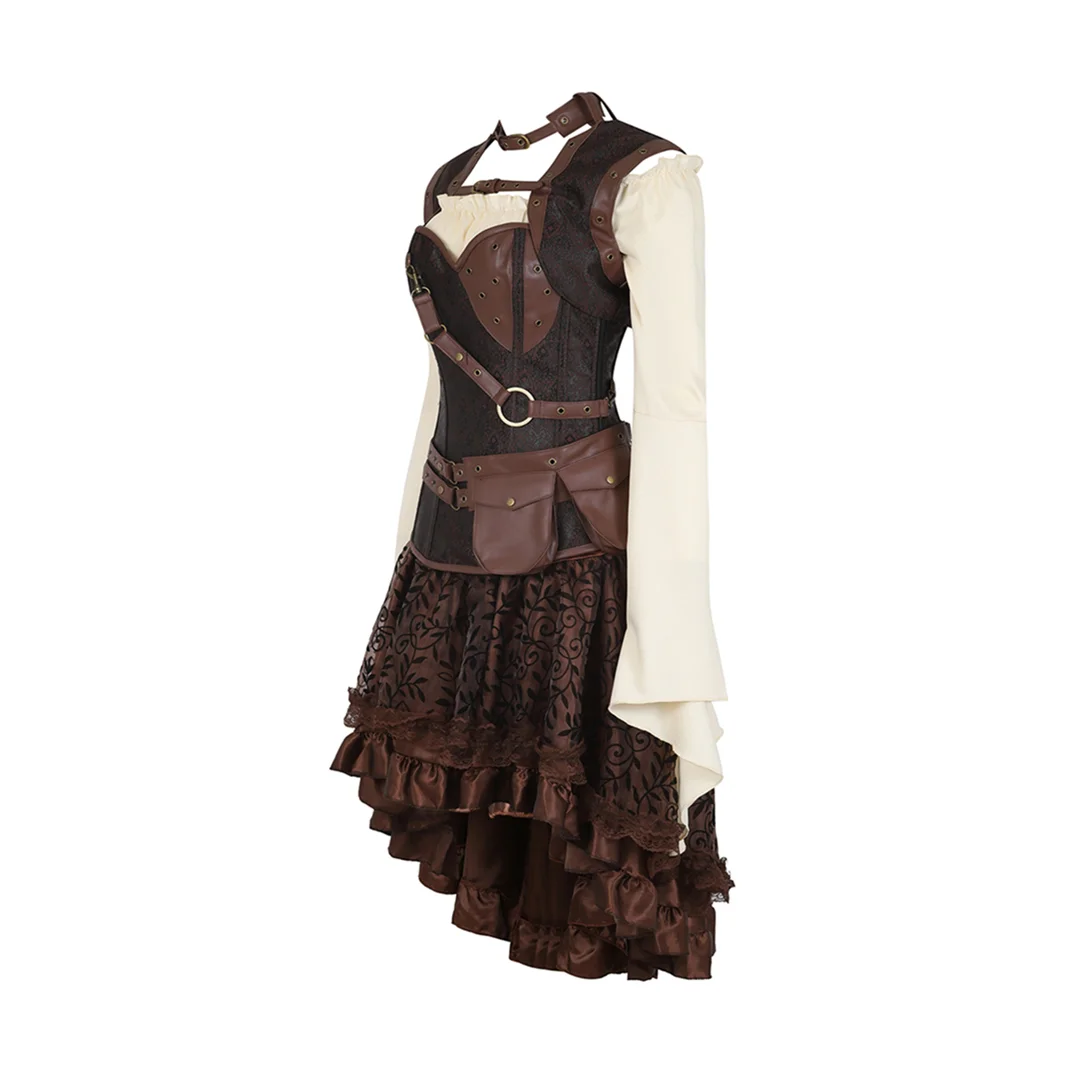 Steampunk Vintage Long Sleeve Women Corset Dress,Three-Piece Off Shouder Pirate Kleid Sets Halloween Medieval Sexy Costumes