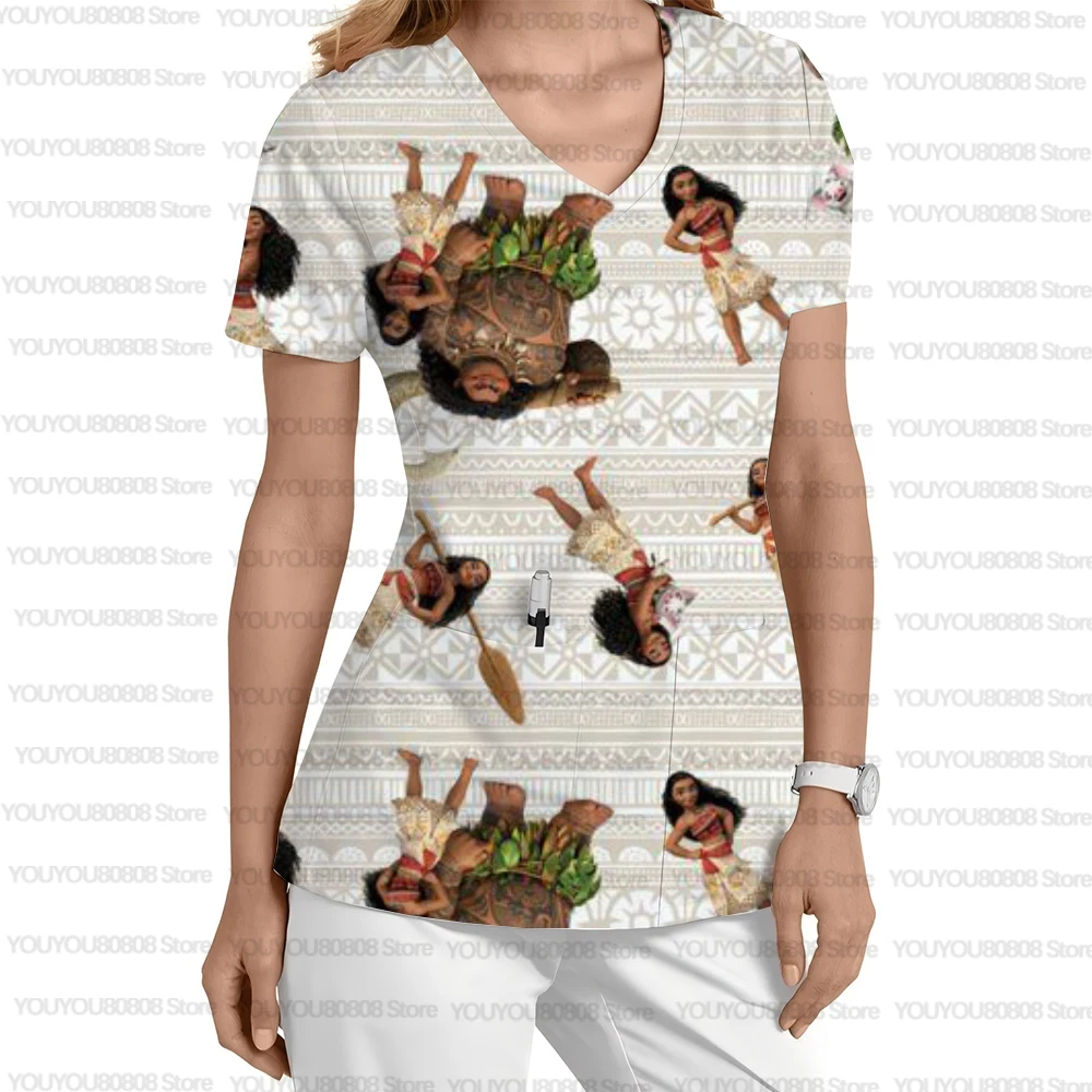 Uniformes médicaux princesse sirène Disney, ruban rose, motif de chasseur de cancer, uniformes pour femmes, col en v, manches courtes avec poches t