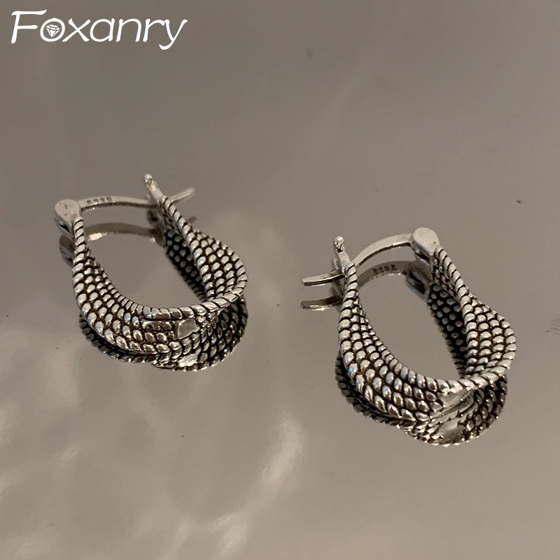 FOXANRY Vintage Punk Silver Color Earrings for Women New Fashion Creative Twist Winding Geometric Handmade Party Jewelry