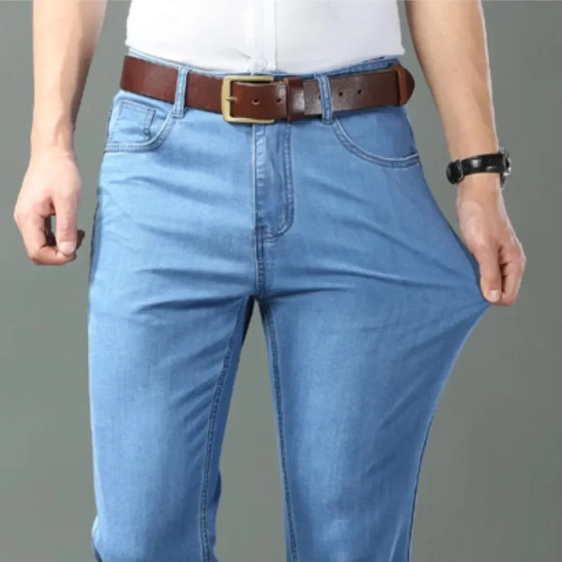 New Ice Silk Thin Denim Jeans for Men Blue Straight Stretch Cotton Denim Pant Business Casual Lightweight Trousers Spring Summer